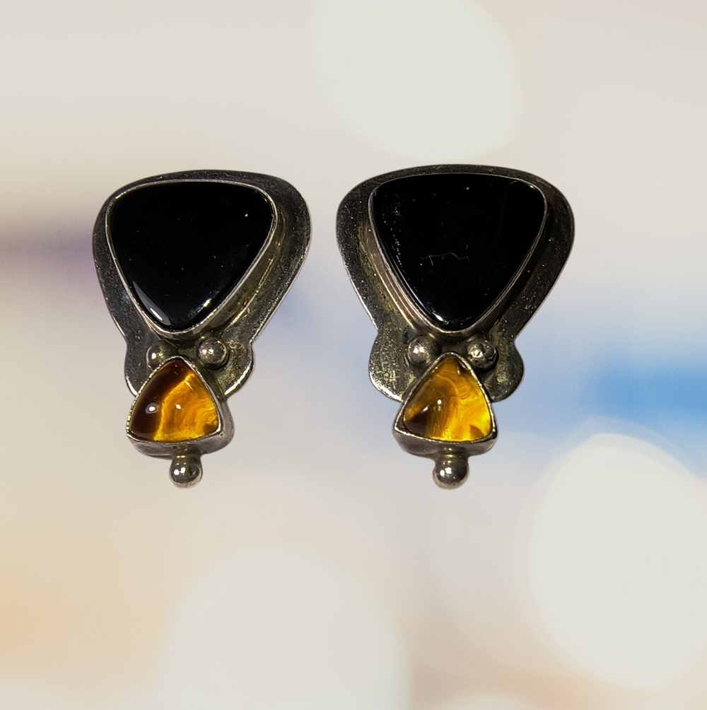 Black Onyx & Faux Amber Sterling Silver Southwest Earrings